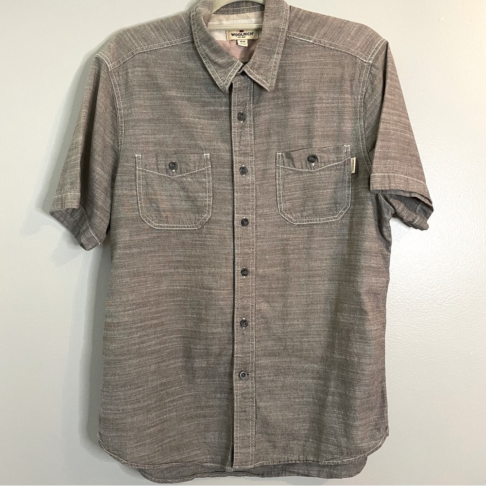 WOOLRICH Men Casual Shirt Short Sleeves 100% Cotton Grey Size Medium